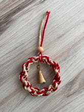 Load image into Gallery viewer, Mini Macrame Red and Gold Wreath with Brass Bell
