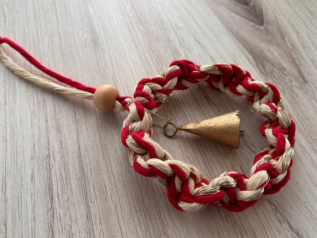 Mini Macrame Red and Gold Wreath with Brass Bell