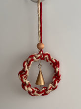 Load image into Gallery viewer, Mini Macrame Red and Gold Wreath with Brass Bell
