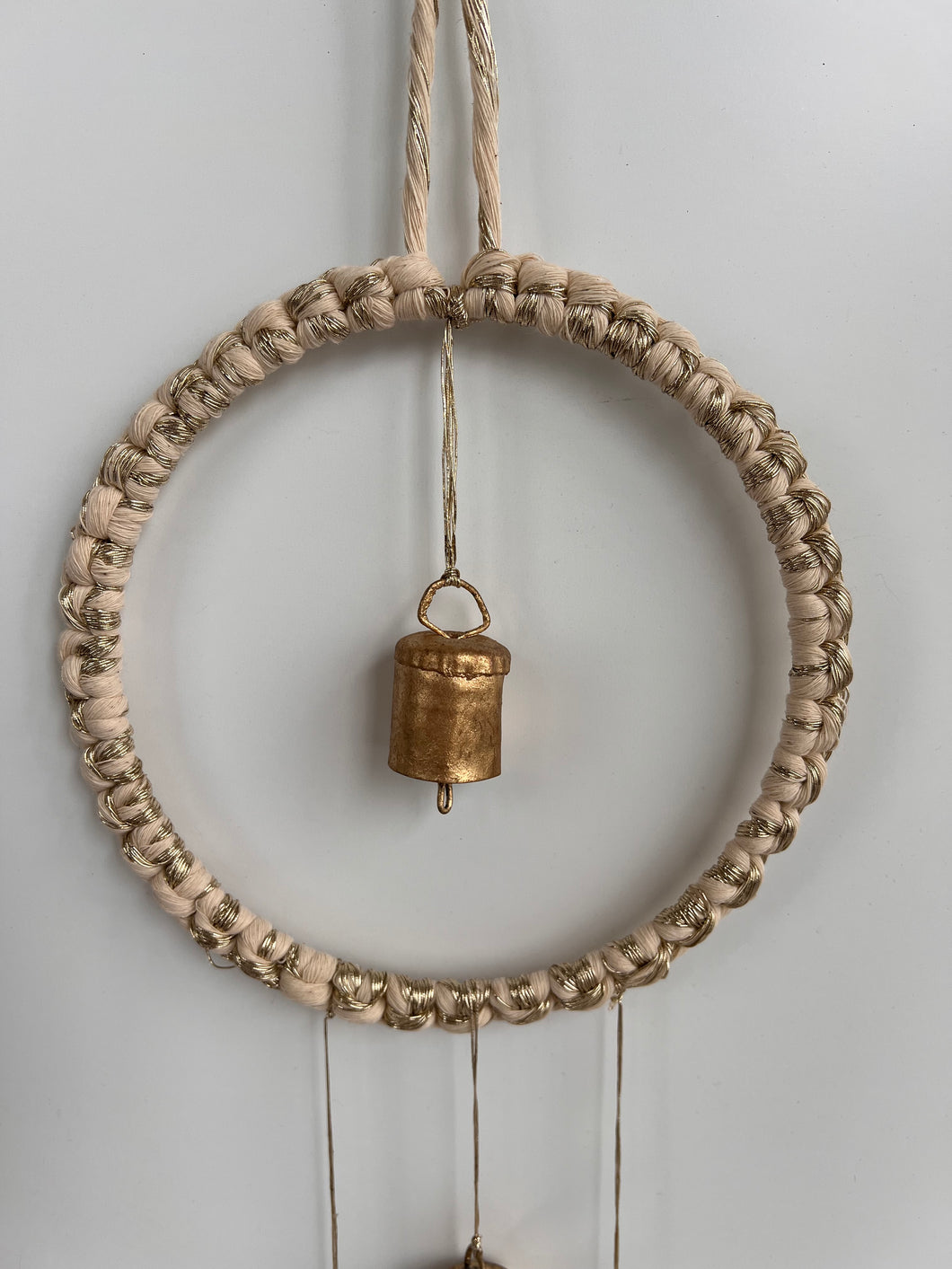 White and Gold Macrame Bell Wreath